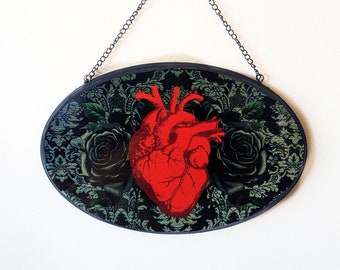 Black Roses with Anatomical Heart - Printed Wood Plaque ~ Gothic Wall Decor ~  custom wood printing