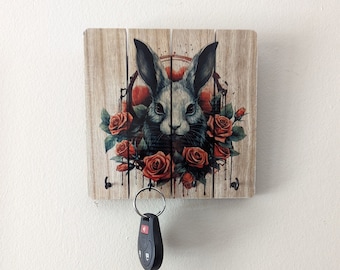 Rabbit and Roses Printed Wooden Board ~ Jewelry Key Wall Hanger with Hooks ~Gothic Decor ~ Wall Art~  Housewares and Organization