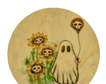 Cute Ghost with balloon and Skull Flowers Printed Wood Wall Decor ~ Gothic Wall Art ~ Bespoke Gift