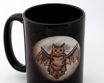 Hand painted spooky cute bat and moon ceramic black 15 ounce coffee mug- gothic home decor - gothic bat art