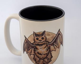 Spooky Cute Bat with Moon Printed 15 ounce Ceramic Black Interior Coffee Mug - Gothic Home decor -Handmade Gift