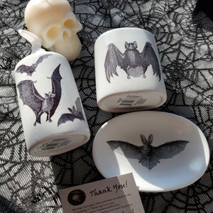 Gothic Bathroom Decor, Bats in the Belfry 3 Piece Ceramic Bathroom Set Victorian Horror Housewares Dark Decor