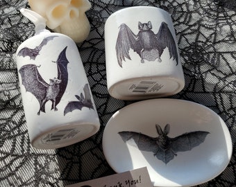 Gothic Bathroom Decor, Bats in the Belfry 3 Piece Ceramic Bathroom Set Victorian Horror Housewares Dark Decor