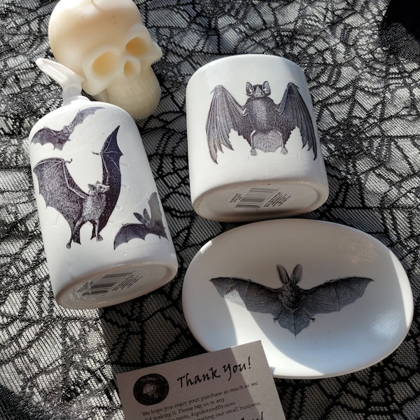 Décoration de salle de bain gothique, chauves-souris dans le beffroi 3 pièces en céramique pour salle de bain Articles ménagers de l'horreur victorienne, décoration sombre
