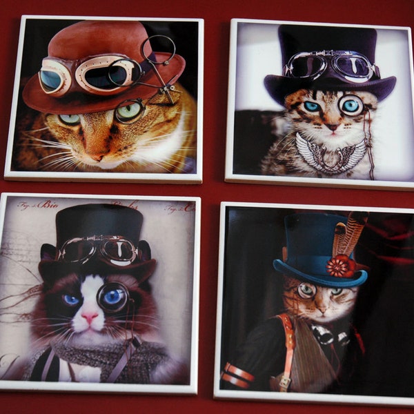 Streampunk Cat printed Ceramic Coasters set of 4 Cat Gift