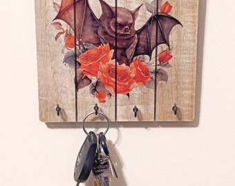 Bat Jewelry Key Hanger Holder Decor ~ Bats and Roses ~ Gothic wall art ~ Handmade