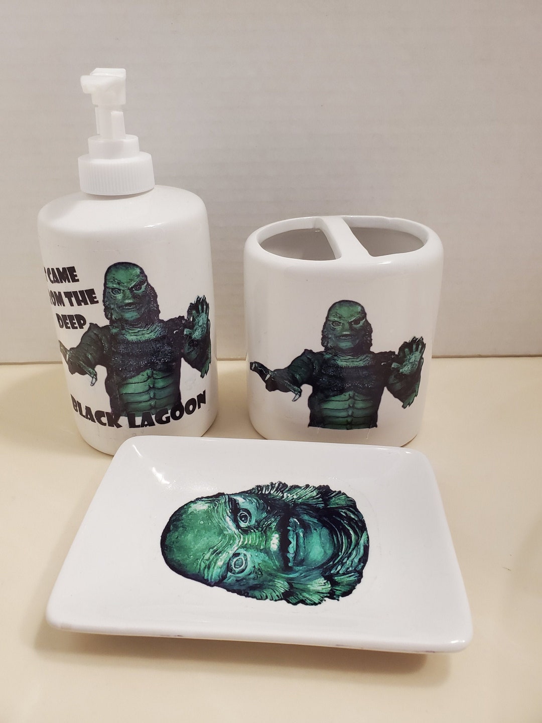Horror Bathroom Decor, Creature From the Black Lagoon, 3 Piece Ceramic