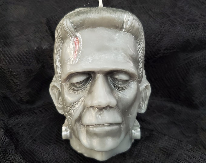 Featured listing image: Horror Candle, Frankenstein's Monster, Painted Grey 4 inch Handmade Candle, Dark Decor Horror Gift Scented