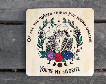 Skeleton Couple Printed Wood Wall Art - 7.5 Spooky Plaque -Personalized Gift- Internet Dating-Gothic Home Decor - Anniversary Wedding Gift