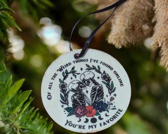 Skeleton Couple Internet Love Personalized Christmas Ornament ~ Printed Wood Ornament ~ Personalized Gift for Couple