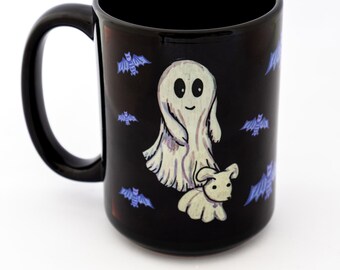 Hand drawn ghost with dog and bats black ceramic coffee mug - spooky cute gift - gothic home decor - gothic ghost art