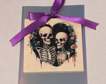 Spooky Valentines Day Handmade Art Card ~ Gothic Wedding ~ Gothic wall art ~ Printed Wood ~ Blank Inside