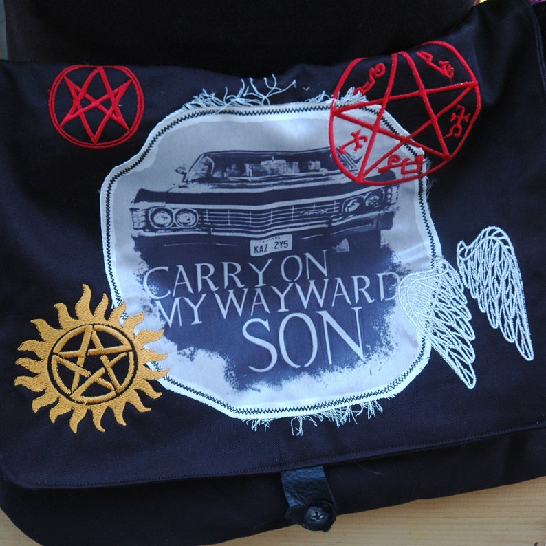 Supernatural Messenger Bag Printed and Embroidered Cross Shoulder Purse Sam and Dean