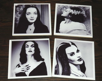Women of Horror Ceramic Coasters Set of 4 Black and White Halloween Gothic Decor