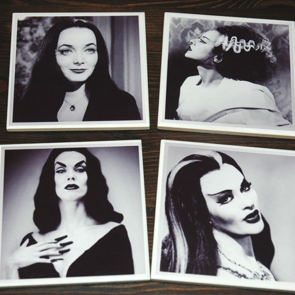 Women of Horror Ceramic Coasters Set of 4 Black and White Halloween Gothic Decor