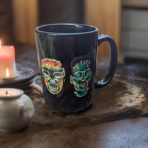 Classic Monsters Hand Drawn Black 15 ounce Coffee Mug ~ Halloween Decor ~Coffee Lovers Gift
