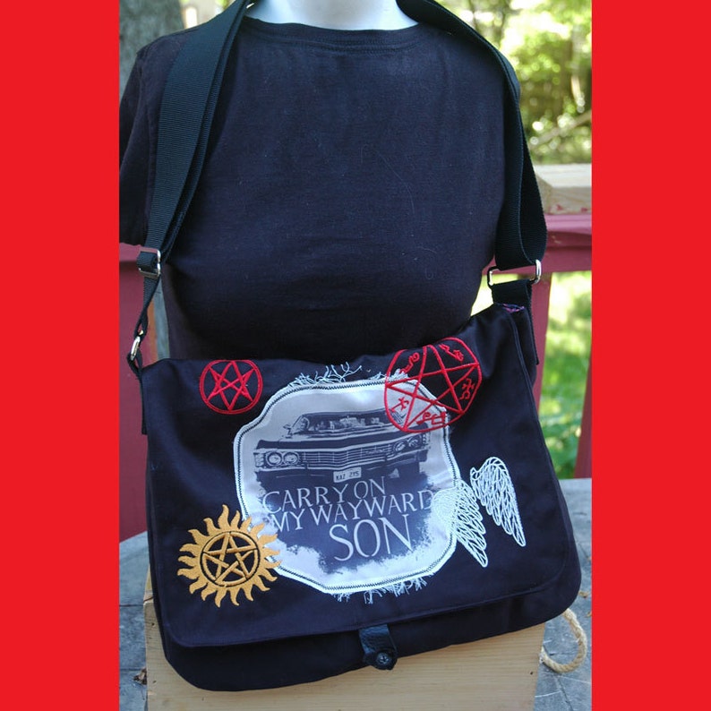 Supernatural Messenger Bag Printed and Embroidered Cross Shoulder Purse Sam and Dean