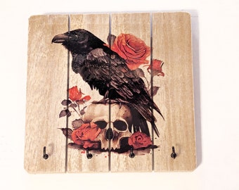 Porte-clés pendentif bijoux corbeau et tête de mort ~ Décoration murale gothique ~ Bois imprimé ~ Cadeau fait main ~ Art mural macabre