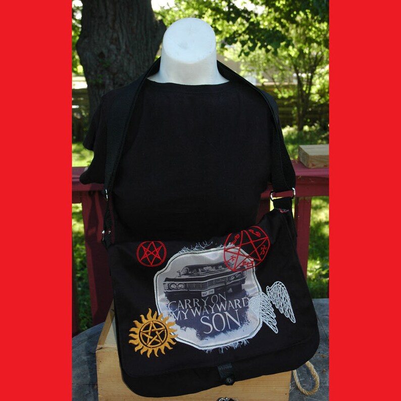 Supernatural Messenger Bag Printed and Embroidered Cross Shoulder Purse Sam and Dean