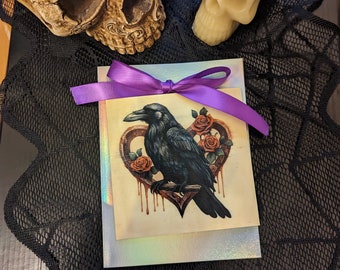 Spooky Valentines Day Handmade Art Card ~ Raven Heart ~ Gothic Wedding ~ Gothic wall art ~ Printed Wood ~ Blank Inside