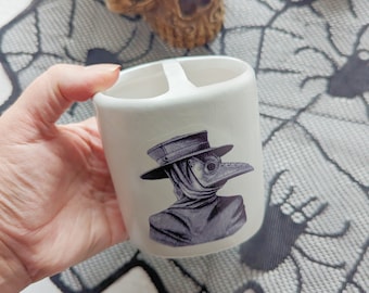 Plague Doctor Tooth Brush Holder Ceramic~ Gothic home decor ~ Victorian Illustration ~ Handmade gift