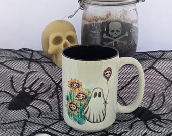 Spooky Cute Ghost 11 Ounce Frosted Glass Coffee Tea Mug ~Halloween Decor ~ Handmade Gift ~ Hand drawn Art