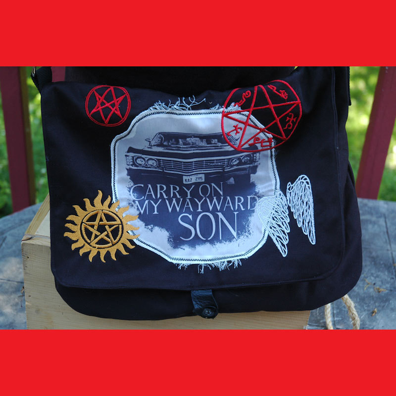 Supernatural Messenger Bag Printed and Embroidered Cross Shoulder Purse Sam and Dean