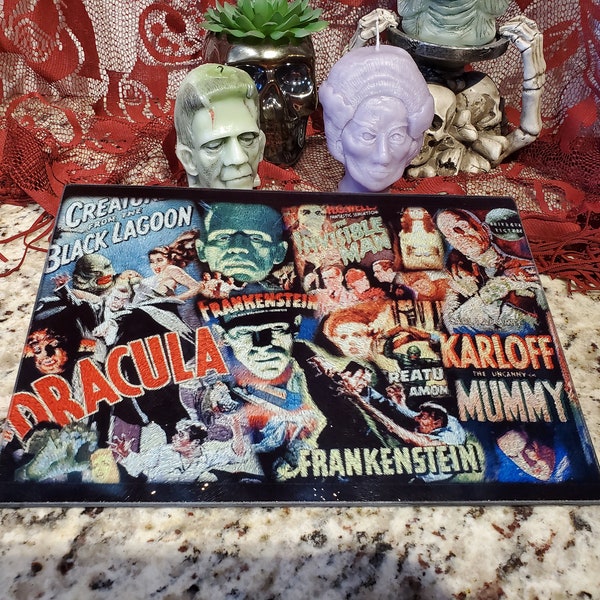 Classic Monsters Printed Glass Cutting/Serving Board ~ Dark Decor ~ Horror Gift ~ Classic Movies ~ Horror Housewares