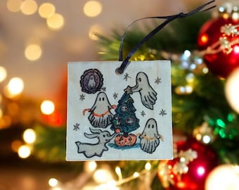 Ghost Family Christmas Printed Wood Ornament ~ Spooky Creepmas ~ Gothic Xmas Decor