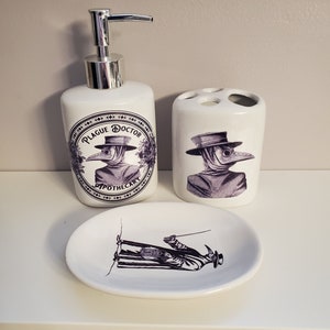 Plague Doctor Apothecary Gothic Bathroom ~ 3 Piece  Ceramic Set~ Horror Home Decor ~ Handmade Gift