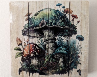 Fairy Mushroom Motif Printed Wood Jewelry Key Wall Hanger with Hooks ~ Dark Cottagecore ~ Wall Art~ Horror  Housewares