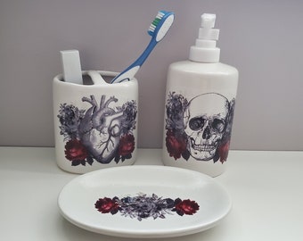 Vintage Anatomy and Roses Apothecary 3 Piece Ceramic Bathroom set Gothic Home Decor