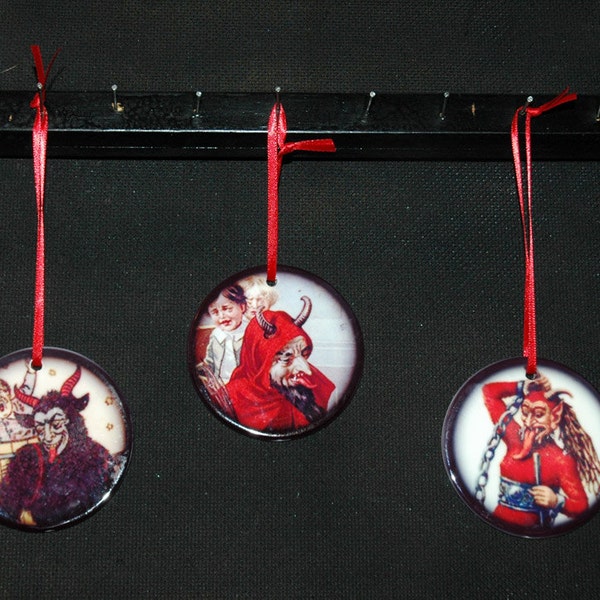 Krampus kerst porselein afgedrukt ornamenten set van 3 Christamas Gift ~ donker Decor ~ Bad Santa ~ gotische Housewares