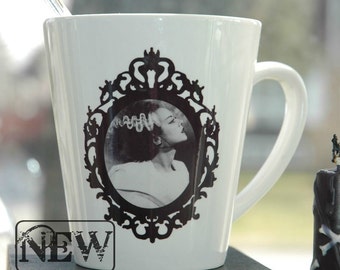 Bride of Frankenstein Cameo Printed Ceramic Latte Mug ~ Dark Decor, Coffee Mug, Vintage Horror, Handmade