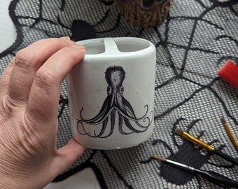 Octopus  Brush Holder Ceramic~ Gothic home decor ~ Victorian Illustration ~ Tooth Makeup ~ Handmade gift ~ Bathroom decor