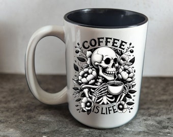 Coffee is Life Tasse à café gothique en céramique de 15 onces ~ Ustensiles de cuisine ~ Cadeau fait main