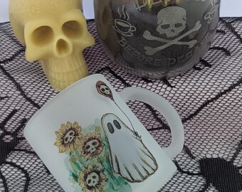 Spooky Cute Ghost 11 Ounce Frosted Glass Coffee Tea Mug ~Halloween Decor ~ Handmade Gift ~ Hand drawn Art
