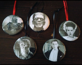 Classic Monsters Christmas Ornament Set of 5 horror Black and White  Creepmass Spooky Button Ornaments