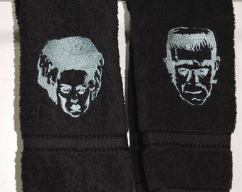 Frankenstein and Bride Embroidered Hand Towels Set of 2 Black ~ Dark Decor, Halloween, Wedding, Classic Monsters