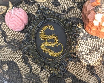 Squelette de serpent peint en or dans un cadre en résine noire taxidermie décoration murale gothique faite à la main