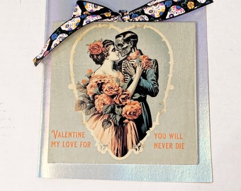 Spooky Skeleton Couple Valentines Day Handmade Art Card ~ Gothic Wedding ~ Gothic wall art ~ Printed Wood ~ Blank Inside