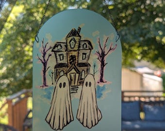 Ghosts with Haunted House Halloween Suncatcher 5x7 Printed Acrylic Gothic Spooky Stained Glass Wall Decor