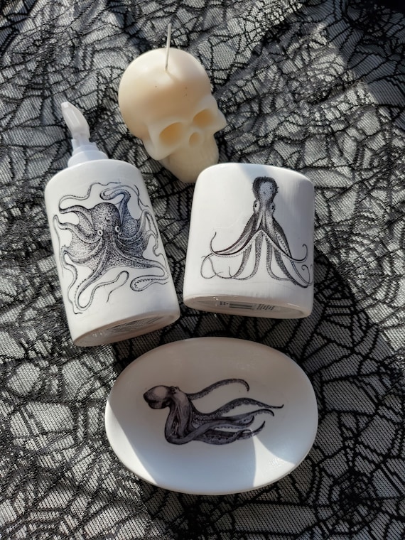 Octopus Ceramic Bathroom Set 3 Pieces Vintage Illustration Victorian Decor  Nautical Theme Dark Decor
