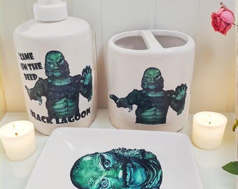Horror Bathroom Decor, Creature from the Black Lagoon, 3 piece Ceramic Bathroom Set Dark Decor