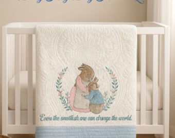 Handmade Embroidered Quilt – Peter Rabbit Inspired – Baby Shower Gift & Nursery Decor-Personalized Heirloom Quilt