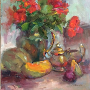 Original oil canvas  paining still life flowers with melon colorful kitchen art handmade