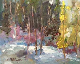 Original Art Trees in Winter Landscape Nature Snow Oil Steve Canvas Impressionism
