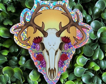 Deerly Departed - Holographic Sticker - Deer Skull and Flowers