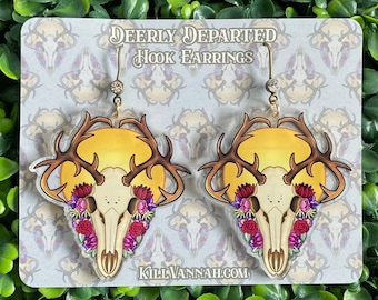 Deerly Departed - Hook Earrings - Deer Skull with Flowers