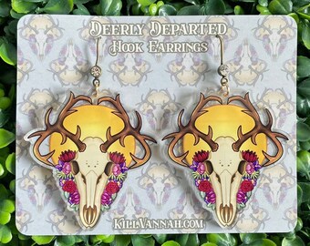 Deerly Departed - Hook Earrings - Deer Skull with Flowers